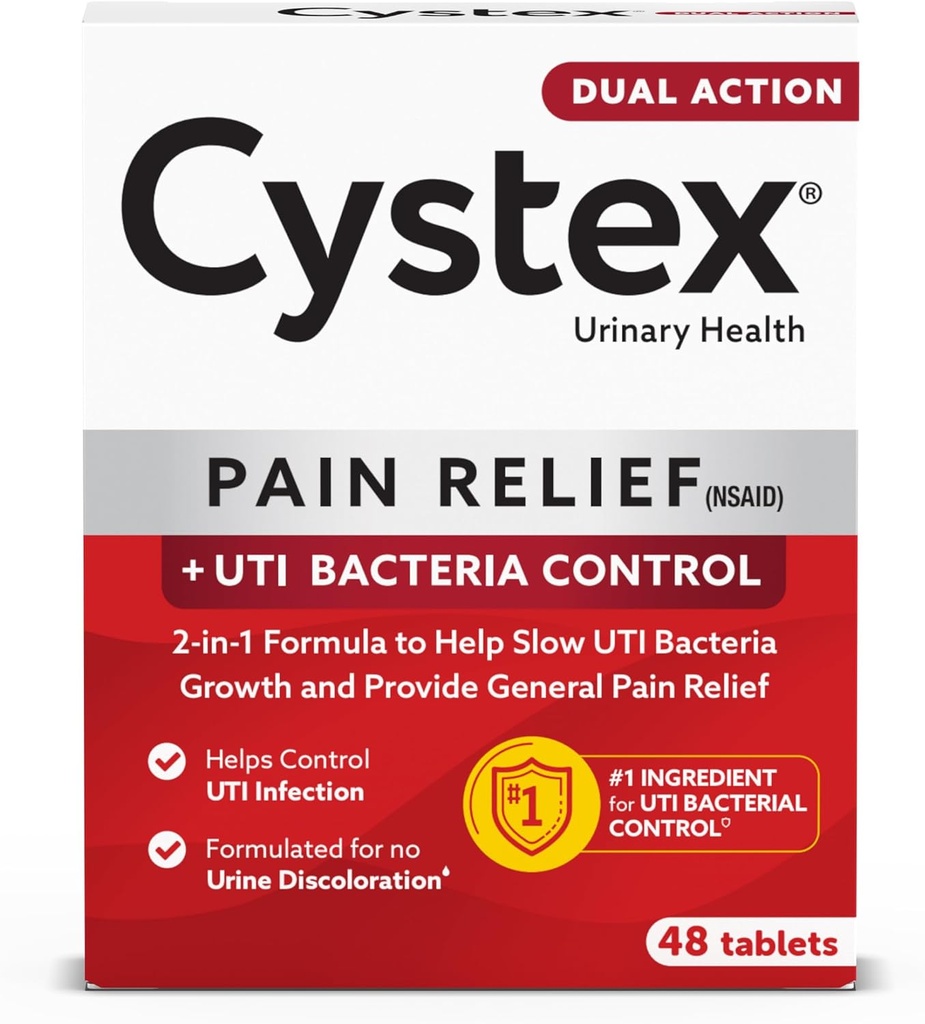 Cystex Dual-Action UTI Pain Relief & Prevention Tablets - 2-in-1 Formula Relieves Discomfort & Slows Bacterial Growth - Non-Staining - 48-Count