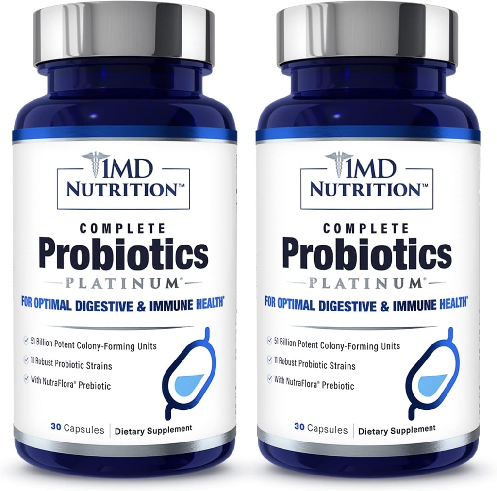 1MD Complete Probiotics Platinum • 124; Understøtter fordøjelsessygdomme • 124; med nærende Prebiotics, 51 Millioner Live CFU, 11 Strops, Dairy- Free • 124; 30 Vegetabilske kapsler (2 - Pack)