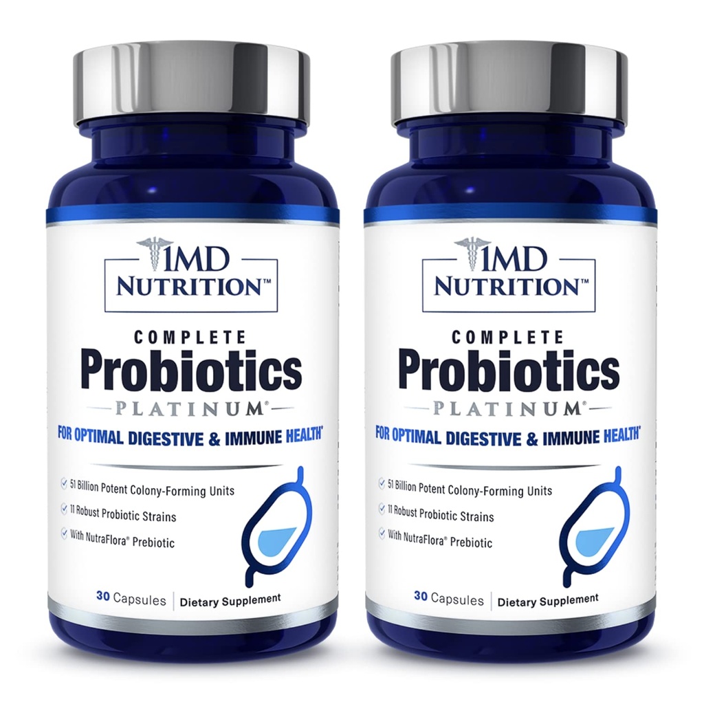 1MD Complete Probiotics Platinum • 124; Understøtter fordøjelsessygdomme • 124; med nærende Prebiotics, 51 Millioner Live CFU, 11 Strops, Dairy- Free • 124; 30 Vegetabilske kapsler (2 - Pack)