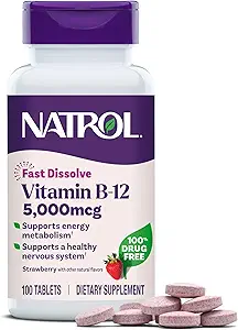 Natrol Vitamin B12 hurtigt opløses tabletter, fremmer energi, understøtter en sund nervesystem, maksimal styrke, Strawberry Flavor, 5,000mcg, 100 greve (pakke med 2)