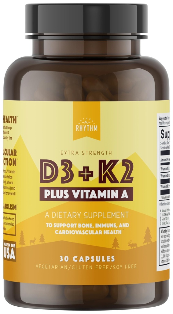 Naturlig Rhythm Vitamin D3 + K2 (MK7) Plus vitamin A, for ben, hjerte, & immunforsvar, 30 kapsler