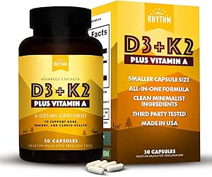 Naturlig Rhythm Vitamin D3 + K2 (MK7) Plus vitamin A, for ben, hjerte, & immunforsvar, 30 kapsler