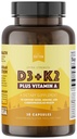 Naturlig Rhythm Vitamin D3 + K2 (MK7) Plus vitamin A, for ben, hjerte, & immunforsvar, 30 kapsler