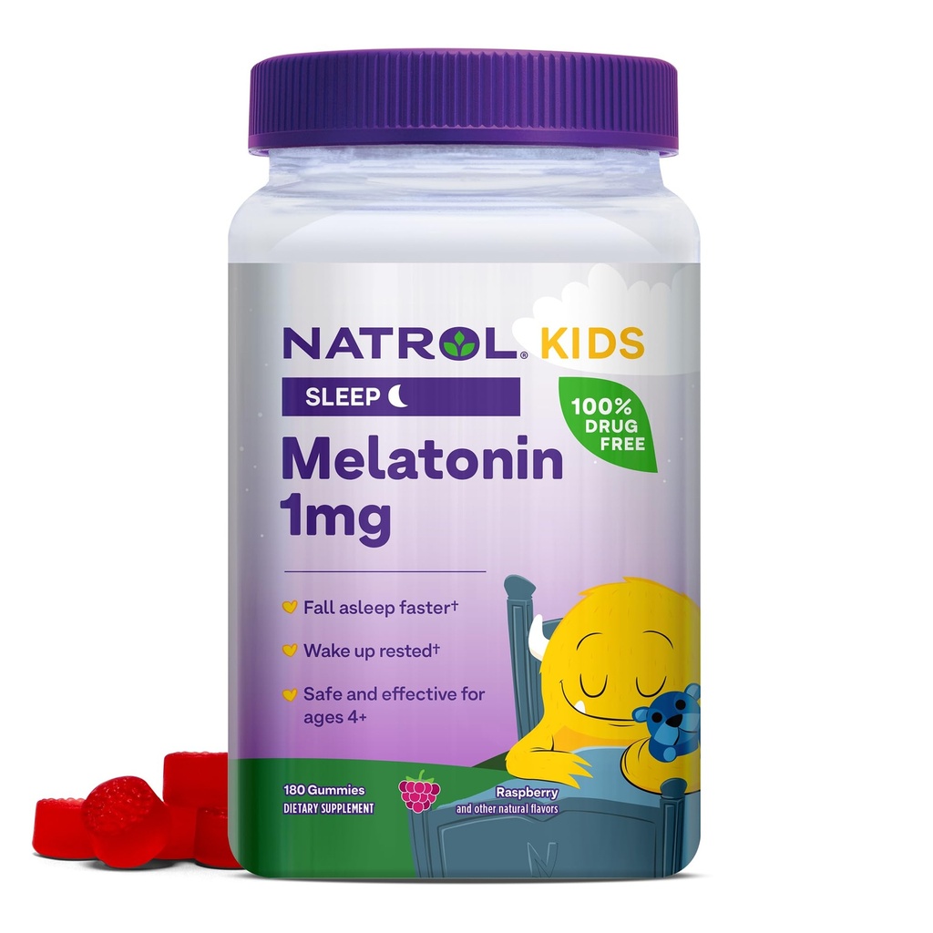 Natrol Kids Melatonin 1 mg, Kosttilskud til afslappende søvn, Melatonin Gummies for Kids, 180 Raspberry- aromatiserede Gumies, Op til en 180 dages forsyning
