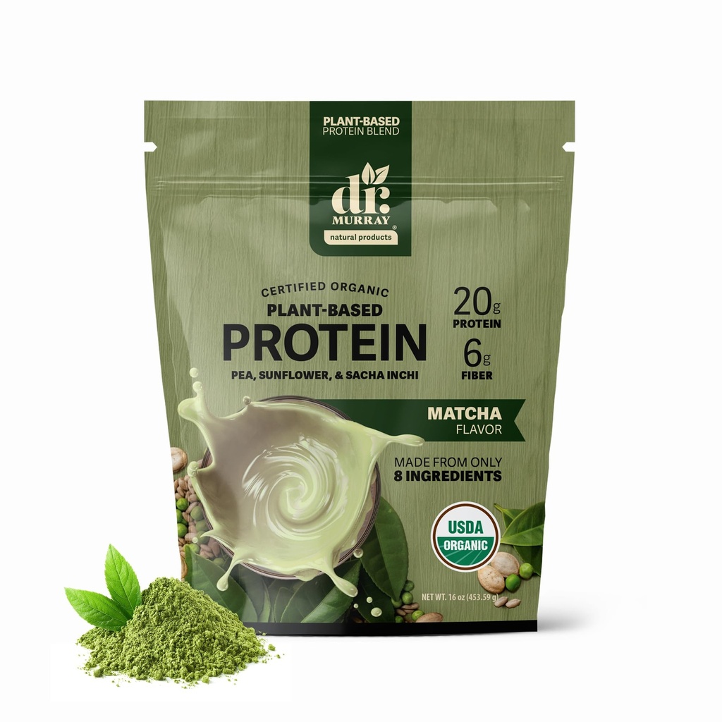 Dr. Murray's USDA Organic Plant Based Protein Powder | 20g Protein | 6g Fiber | Vegan & Keto | Gluten & Dairy Free | Low Carb | No Added Sugar | Matcha, 1 lb.