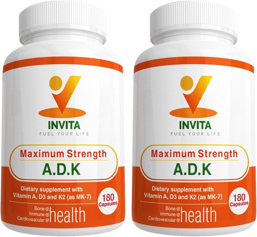 INVITA ADK - Vitaminer A1, D3- vitamin 5000 IE & K2 MK7 Supplement - Læge Formuleret Bone & immunsystem Support - Gluten Free, Non- GMO - 180 Vegetariske kapsler til mænd og kvinder