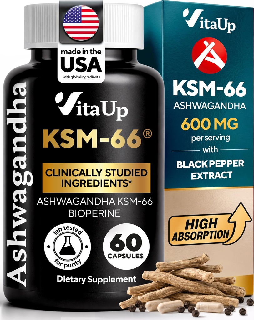VitaUp Ashwagandha KSM 66 with Black Pepper - USA Made KSM-66 Ashwagandha Supplements for Energy, Relaxation and Normal Cognitive Function - 60 Caps