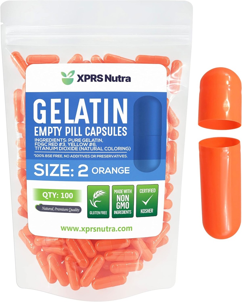 XPRS Nutra Størrelse 2 Tomme kapsler - 100 Tomme Gelatine kapsler - Piller gør det selv Capsule Fyldning - Pure Bovin Pill Gel Caps til Do- It- Yourself Kosttilskud (Orange)