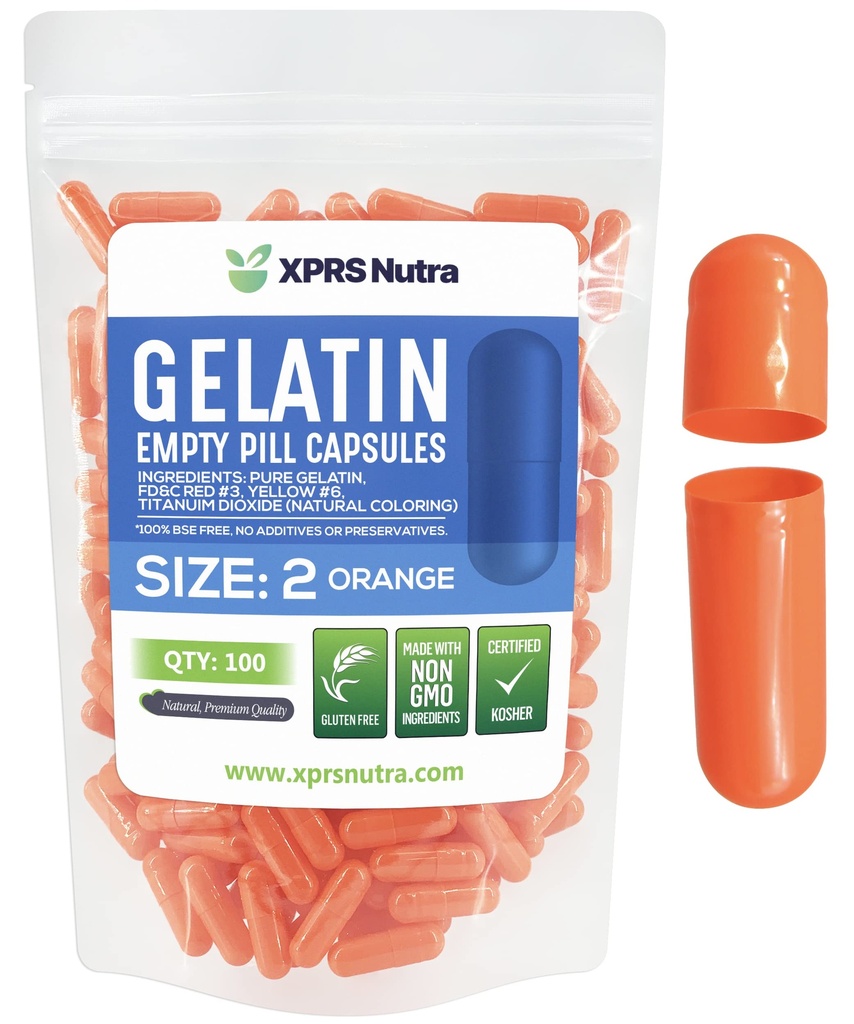XPRS Nutra Størrelse 2 Tomme kapsler - 100 Tomme Gelatine kapsler - Piller gør det selv Capsule Fyldning - Pure Bovin Pill Gel Caps til Do- It- Yourself Kosttilskud (Orange)