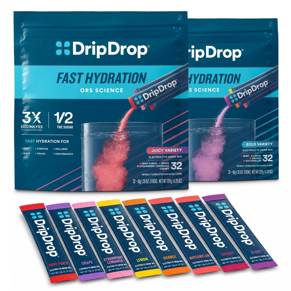 DripDrop Hydration - Electrolyte Powder Packets - Watermelon, Berry, Lemon, Orange, Frugtpunch, Grape, Jordbær Lemonade, Cherry - 64 Greve