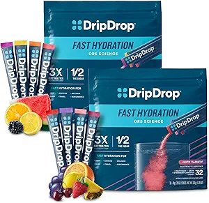 DripDrop Hydration - Electrolyte Powder Packets - Watermelon, Berry, Lemon, Orange, Frugtpunch, Grape, Jordbær Lemonade, Cherry - 64 Greve