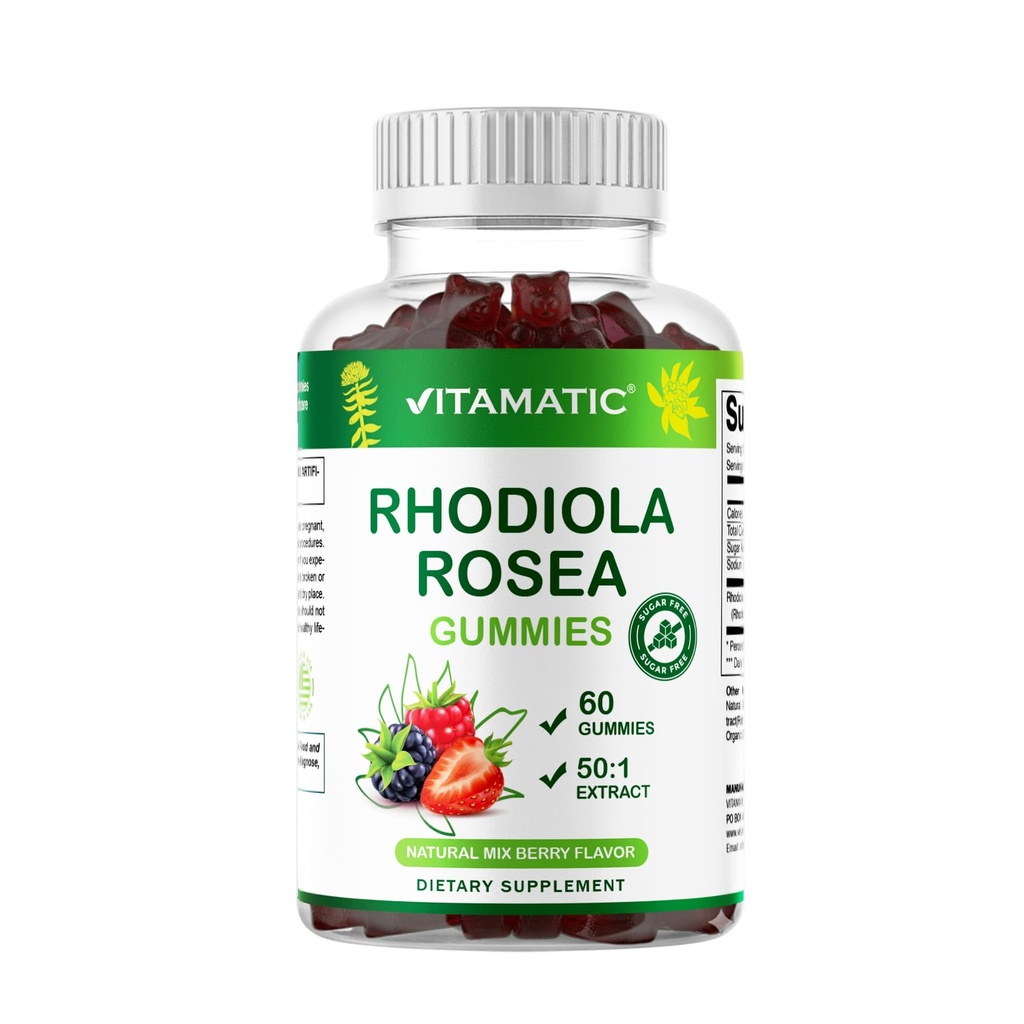 Vitamatic Rhodiola Rosea Gummies – Sugar-Free Plant-Based Extract – Mixed Berry Flavor – Vegan, Non-GMO – Adaptogen Supplement Gummies – 60 Count
