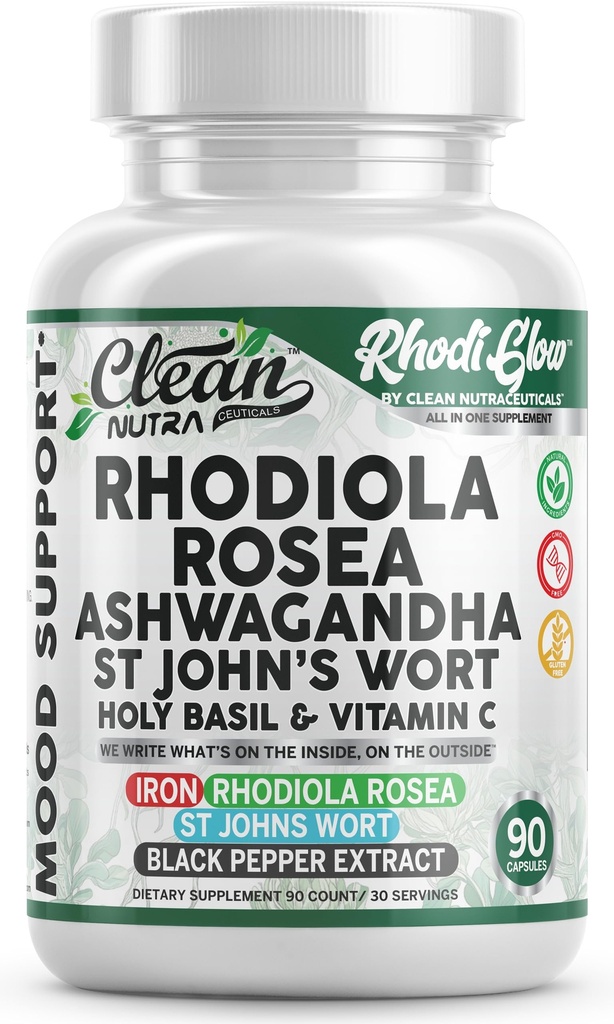 RhodiGlow Rhodiola Rosea Mood Support Supplement + Ashwagandha St Johns Wort Holy Basil Vitamin C Iron Black Pepper By Clean Nutra