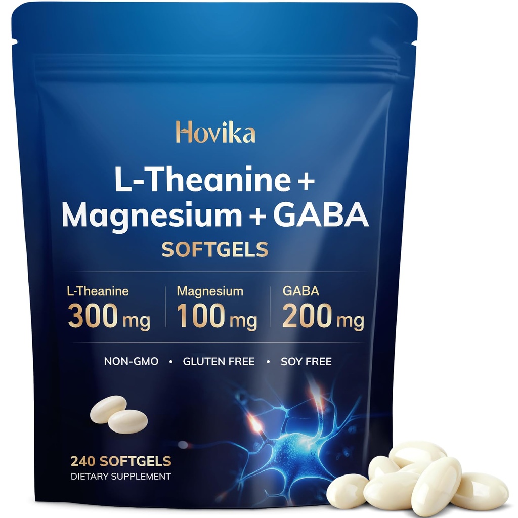 L-Theanine Softgels 300mg with Magnesium Bisglycinate 500mg Magnesium Citrate 300mg, GABA 200mg | Enhanced Absorption with Coconut Oil | Calm, Relaxation & Focus Support | Non-GMO