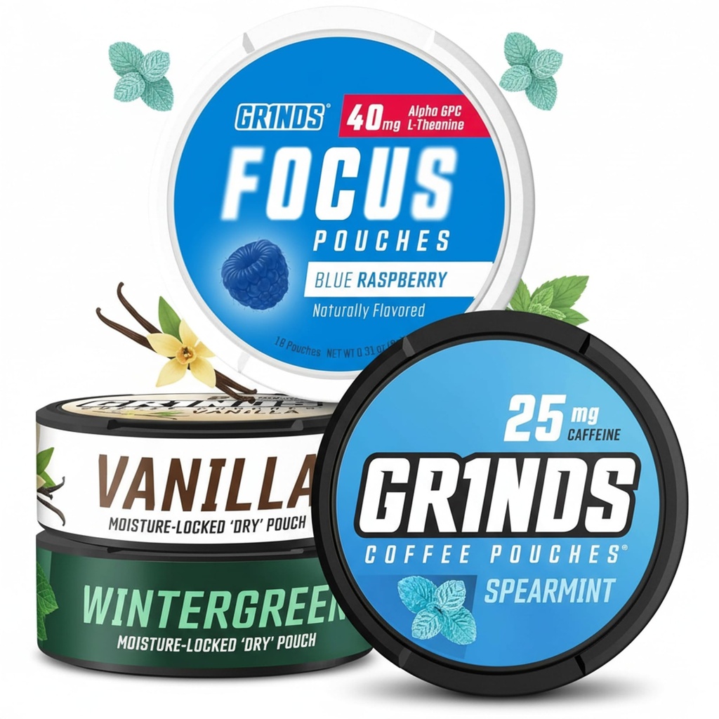 GRINDS Coffee & Focus Pouches Bundle – Vanilla, Wintergreen, Spearmint Coffee Pouches + Blue Raspberry Focus Pouches with Alpha GPC & L Theanine