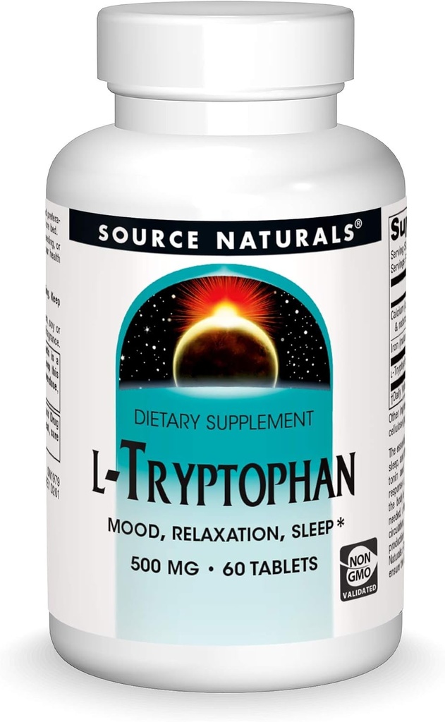 Source Naturals L- Tryptophan, for Mood, Relaxation, and Sleep *, 500mg - 60 tabletter