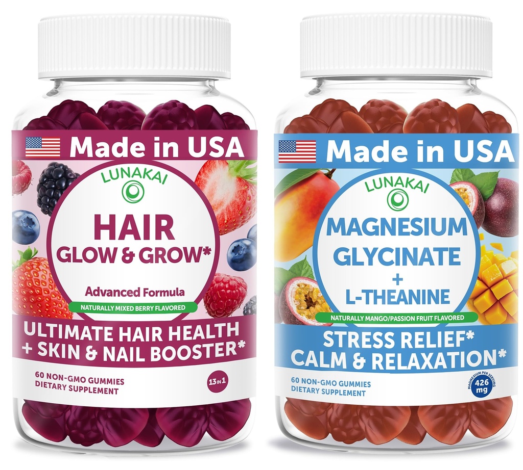 Lunakai USA Made Hair Glow & Grow + Magnesium Glycinate with L-Theanine Gummies Bundle – Naturally Flavored, Non-GMO – 60ct Each