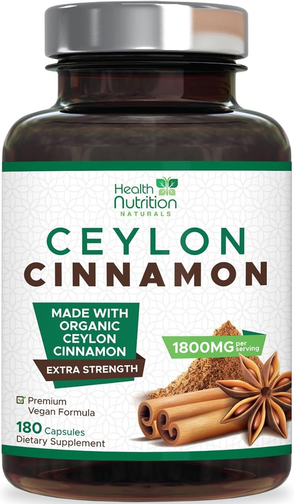 Ceylon Cinnamon Capsules 1800mg - Certified Organic Ceylon Cinnamon Powder Supplement, Flasket i USA, Ekstra Styrke Energi & Hjertehjælpepiller, Non- GMO & Gluten Free, Sugar Free - 180 Kapsler