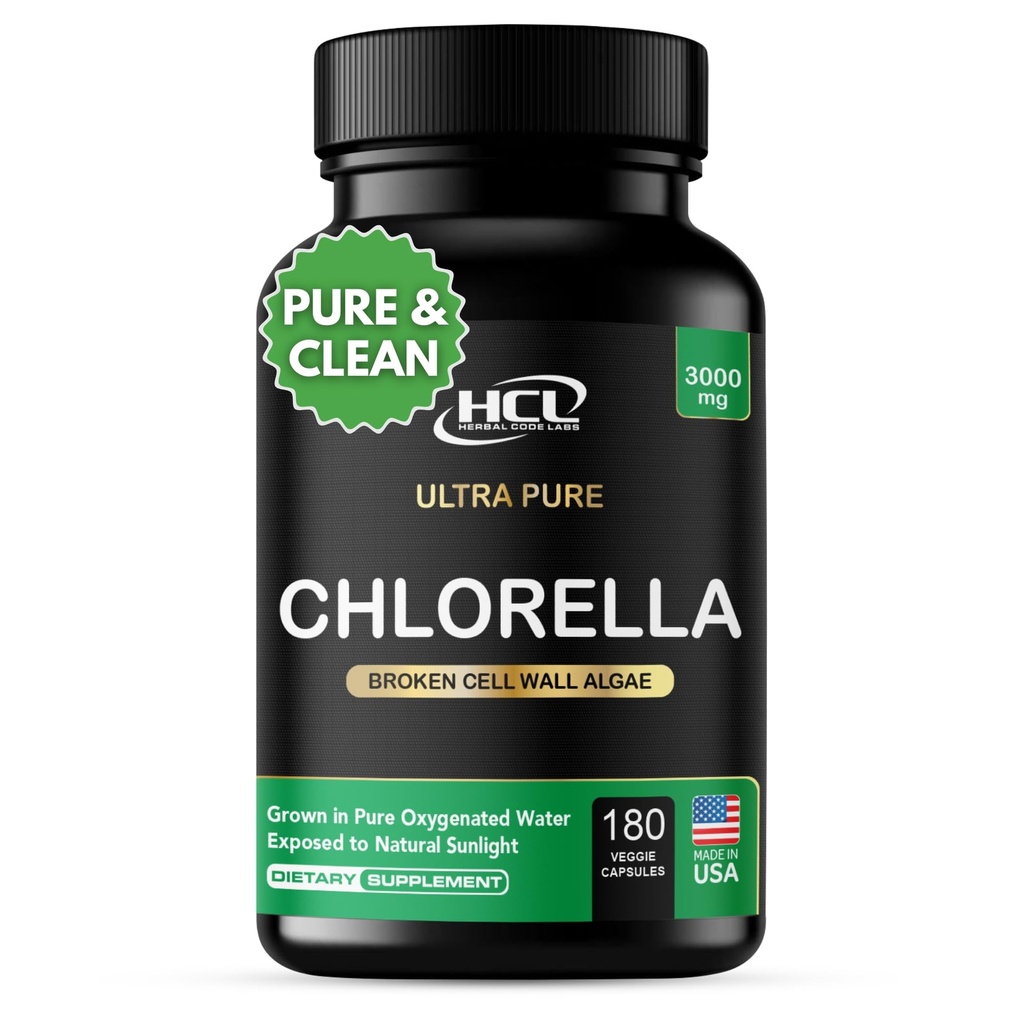 Chlorella Capsules 3000 mg - Cracked Cell Wall Blue Green Algae Supplement - Bedste Natural Detox Cleanse - Plant Vitamin Minerals Chlorophyll Vegan Protein Powder Pills - Made in USA