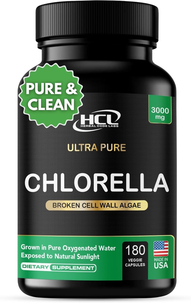 Chlorella Capsules 3000 mg - Cracked Cell Wall Blue Green Algae Supplement - Bedste Natural Detox Cleanse - Plant Vitamin Minerals Chlorophyll Vegan Protein Powder Pills - Made in USA