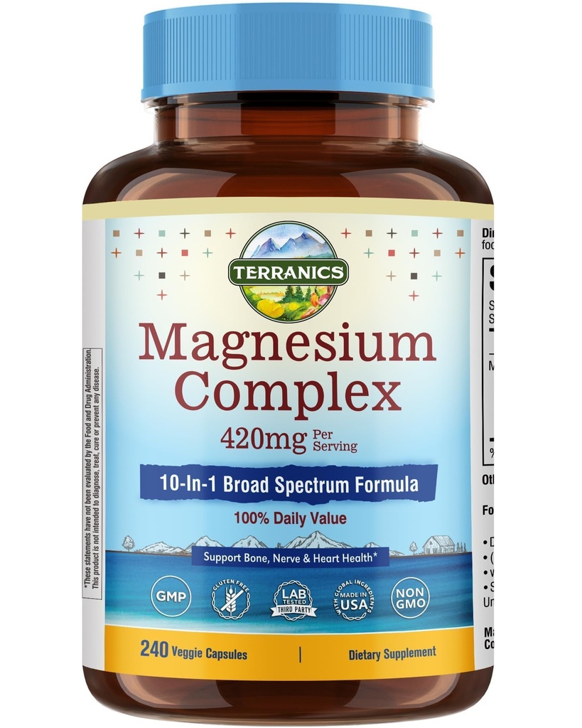 Terranics Magnesium Complex Supplement 420mg, 10-in-1 Full-Spectrum Formula, Glycinate, Citrate, Malate & More, Max Absorption, Bone and Heart Support, 240 Veggie Caps