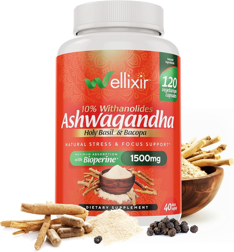 Ashwagandha kapsler - 10% Withanolides, Root Powder Extract, Herbal supplement til at hjælpe støtte en naturlig stress relief, søvn, fokus - 1500mg, for mænd og kvinder -120 Greve