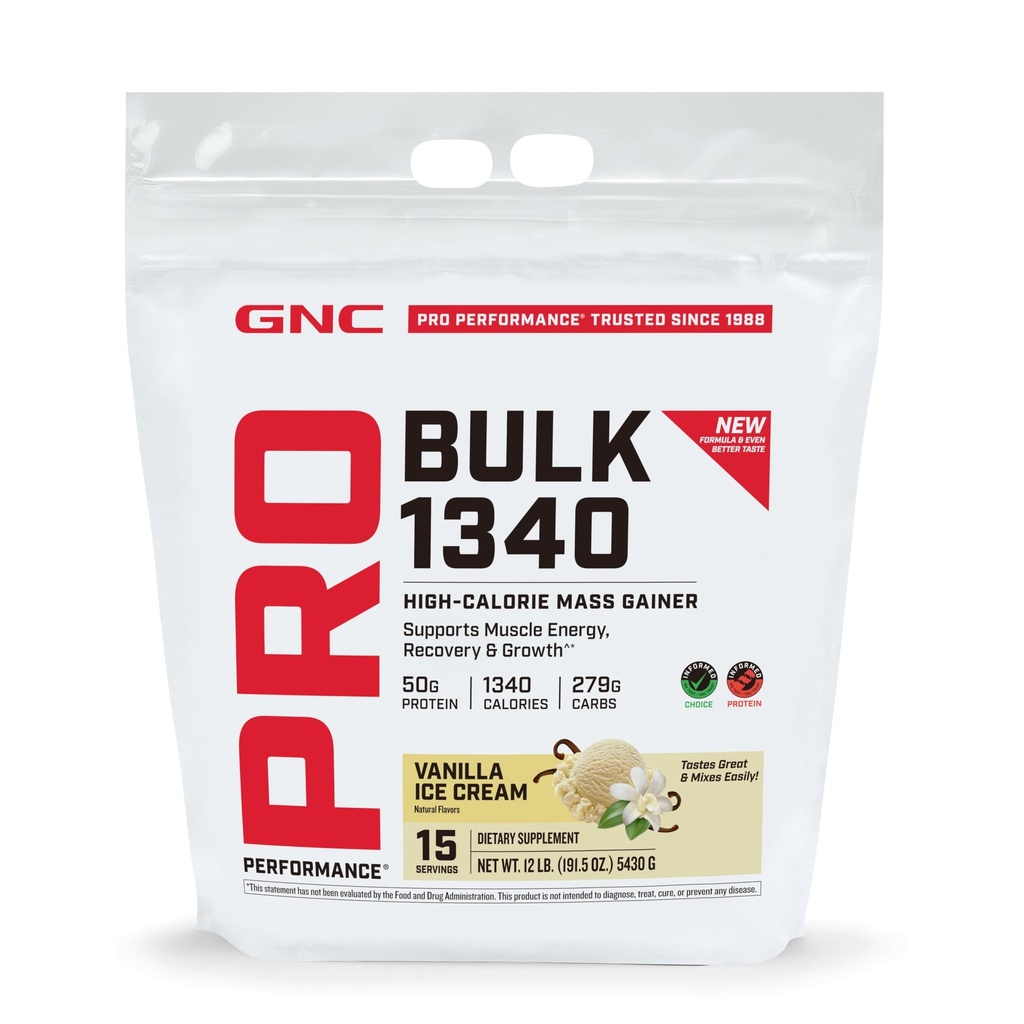 GNC Pro Performance Bulk 1340 - Protein Powder for Active Lifestyles - Sports Nutrition for Muscle Fuel - Nutrient-Dense Blend with Creatine & Glutamine - Vanilla Ice Cream - 192 oz (15 Servings)