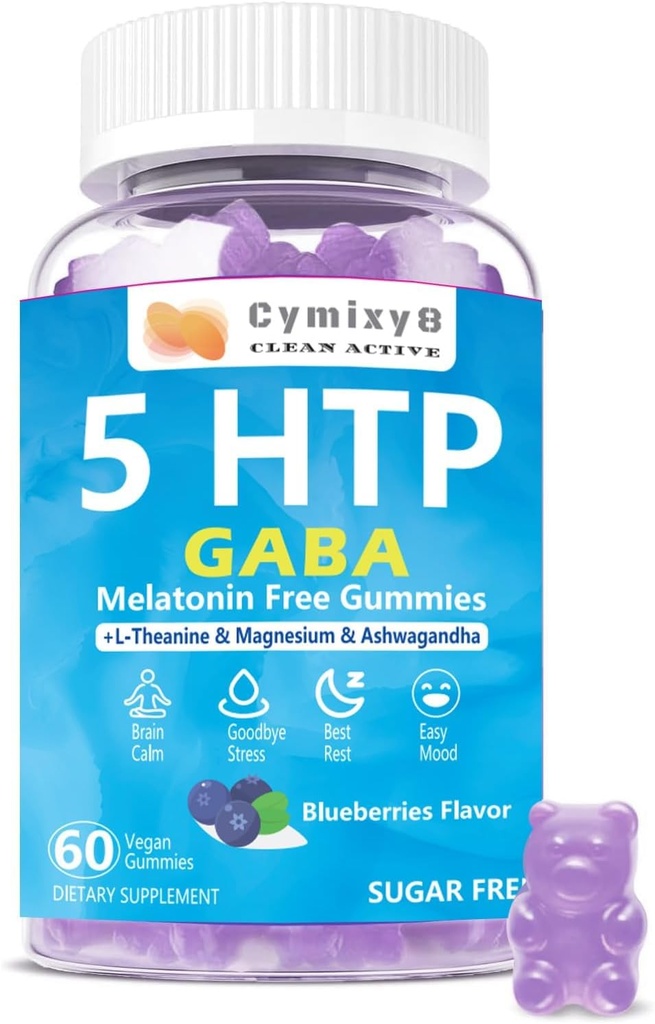5-HTP GABA Gummies Blend 1700mg, Sugar- Free Call Gummies med L Theanine, Magnesium, Ashwagandha, Omega- 3-6-9, Vitamin D3, B6 til naturlige Zzzs, Mood, Brain- Calm, Blueberry Flavor 60Count