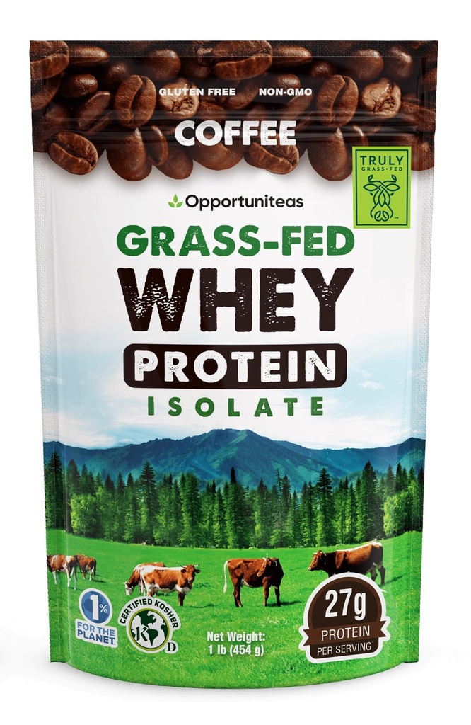Opportuniteas Coffee Whey Protein Powder - Low Carb & Keto Friendly - Grass Fed Whey Isolate + colombiansk kaffe - 60 mg koffein til energi - Pre or Post Workout Drink Mix, Latte, Shake & Smoothie 1lb