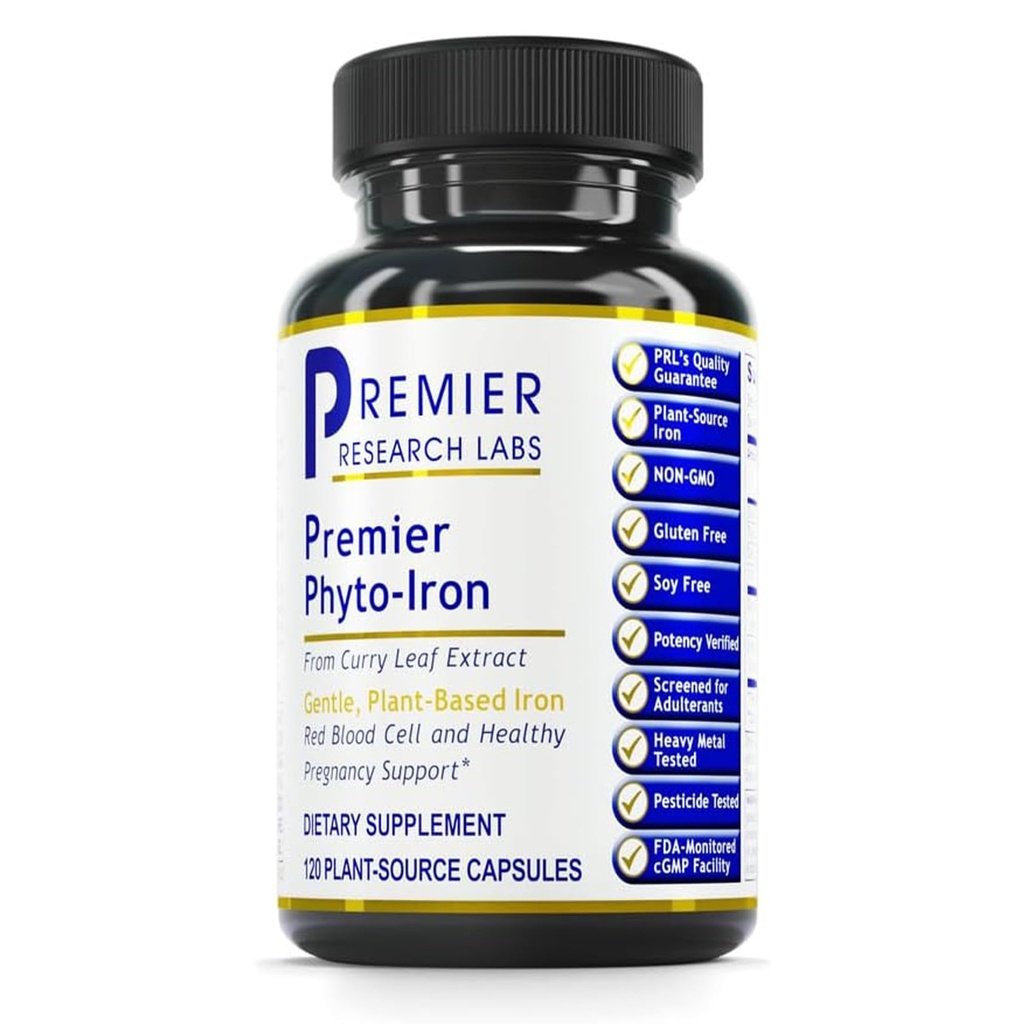 Premier Research Labs Phyto- Iron - Plant baseret jern til mænd og kvinder for blodstøtte, Curry blade supplement, jerntilskud, non-Heme Jern, 18mg jern per servering - 120 Vegetariske kapsler