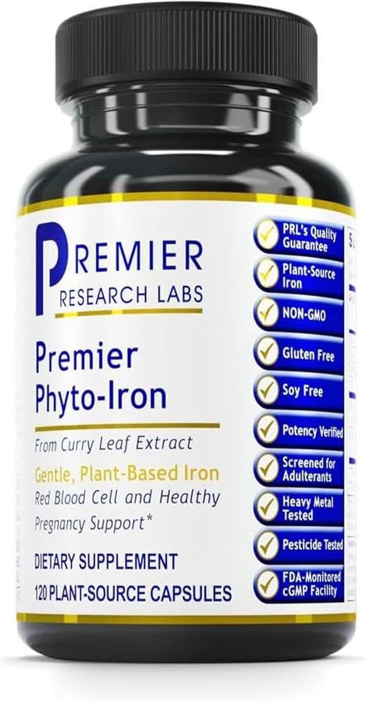 Premier Research Labs Phyto- Iron - Plant baseret jern til mænd og kvinder for blodstøtte, Curry blade supplement, jerntilskud, non-Heme Jern, 18mg jern per servering - 120 Vegetariske kapsler