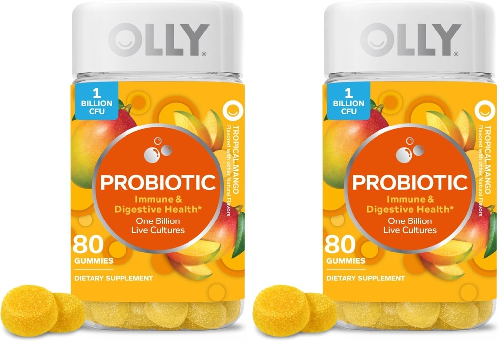 OLLY Probiotic Gummy,1 Billion CFUs,Immune and Digestive Support,Chewable Probiotic Supplement,Mango,80 Count (Pack of 2)