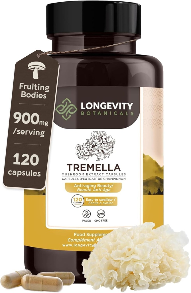 Organic Tremella champignon kapsler Supplement (120) Note 124; Fruiting Body 10: 1 High Strength Snow Svamp Extract