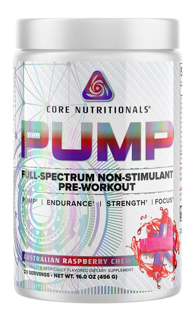 Core Nutritionals Pump Full- Spectrum Non- Stimulant Pre- Workout, med N03T Nitrat, Peak02, Alpha GPC, for maksimal Pump, Styrke og ydeevne 20 Serveringer (Austrailian Raspberry Chews)