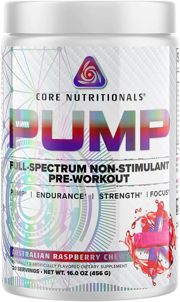 Core Nutritionals Pump Full- Spectrum Non- Stimulant Pre- Workout, med N03T Nitrat, Peak02, Alpha GPC, for maksimal Pump, Styrke og ydeevne 20 Serveringer (Austrailian Raspberry Chews)