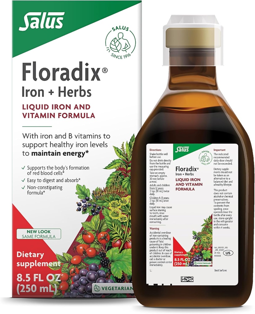 Floradix Jern & Urter - Flydende urtetilskud til energistøtte - Jerntilskud med C-vitamin & B-kompleks - for mænd og kvinder - 8.5 fl oz