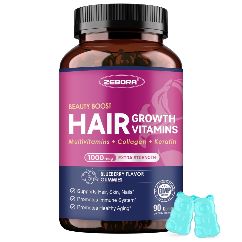 ZEBORA Biotin Gummies with Hyaluronic Acid, Keratin and Collagen – Extra Strength Hair Skin and Nails Vitamins for Women - Hair Growth Women and Men - 90 Blueberry Gummies