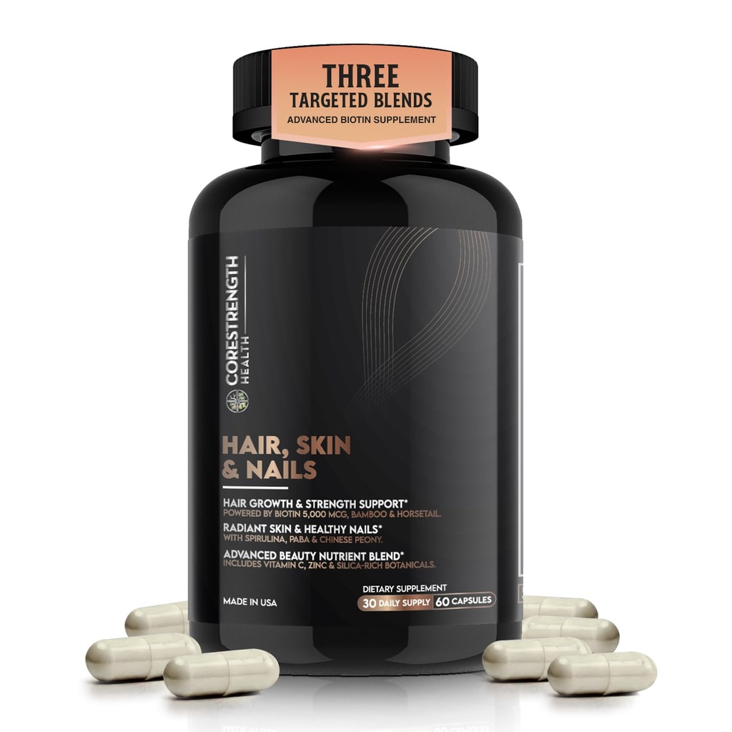Hair Skin and Nails Vitamins with 5000 mcg Biotin, Vitamin C, D3, E, Zinc & Iron | Supports Healthy Hair, Skin & Nails* | Advanced Beauty Formula with Bamboo & Horsetail | Non GMO | 60 Capsules