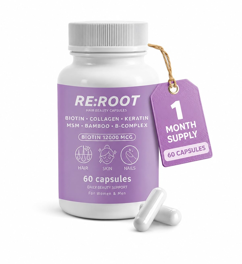 RE:ROOT Hair Growth Supplement – 12,000 mcg Biotin with Collagen, Keratin, MSM & Bamboo – Hair, Skin & Nails Support – 60 Vegan Capsules