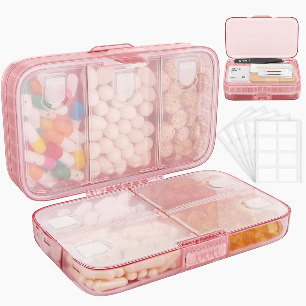 FEST Weekly Pill Organizer med etiketter, 8 Compartments Travel Daily Pill Case lufttæt Fugtfast Stor Pill Box til at holde vitaminer, fiskeolie, kosttilskud, bomuld swab og Bandages- Pink