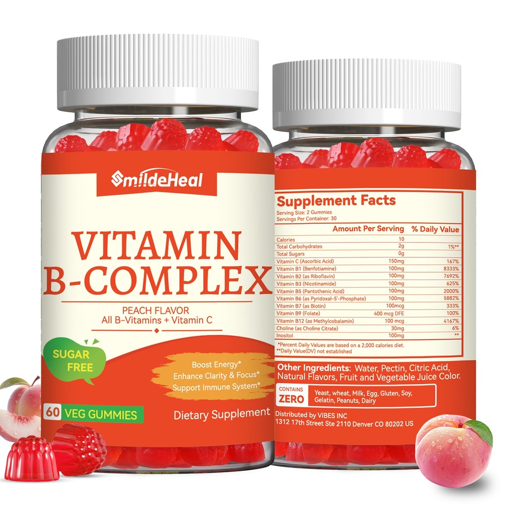 Vitamin B Complex Gummies for Women & Men - Vitamin B12, B1, B2, B3, B5, B6, B7 & B9 - B Complex with Vitamin C & Choline - Energy & Immune Support* - Vegan, Sugar Free, Peach Flavor - 120 Gummies