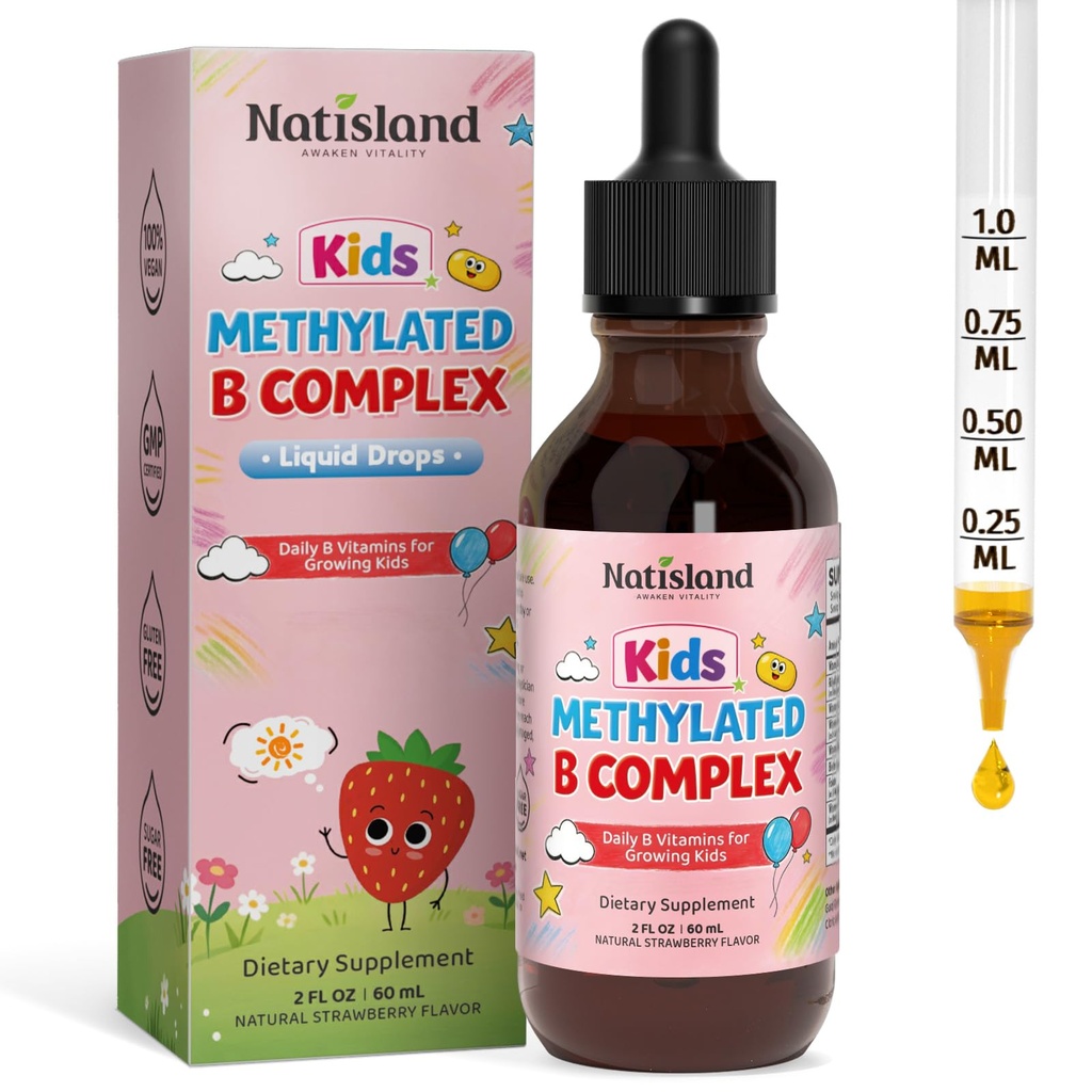 Methylated B Complex for Kids, Vitamin B Complex Liquid Drops with Methyl B12 & 5-MTHF, Sugar Free, Supports Energy & Nervous System, Vegan, Alcohol-Free, Strawberry Flavor, 2 Fl Oz