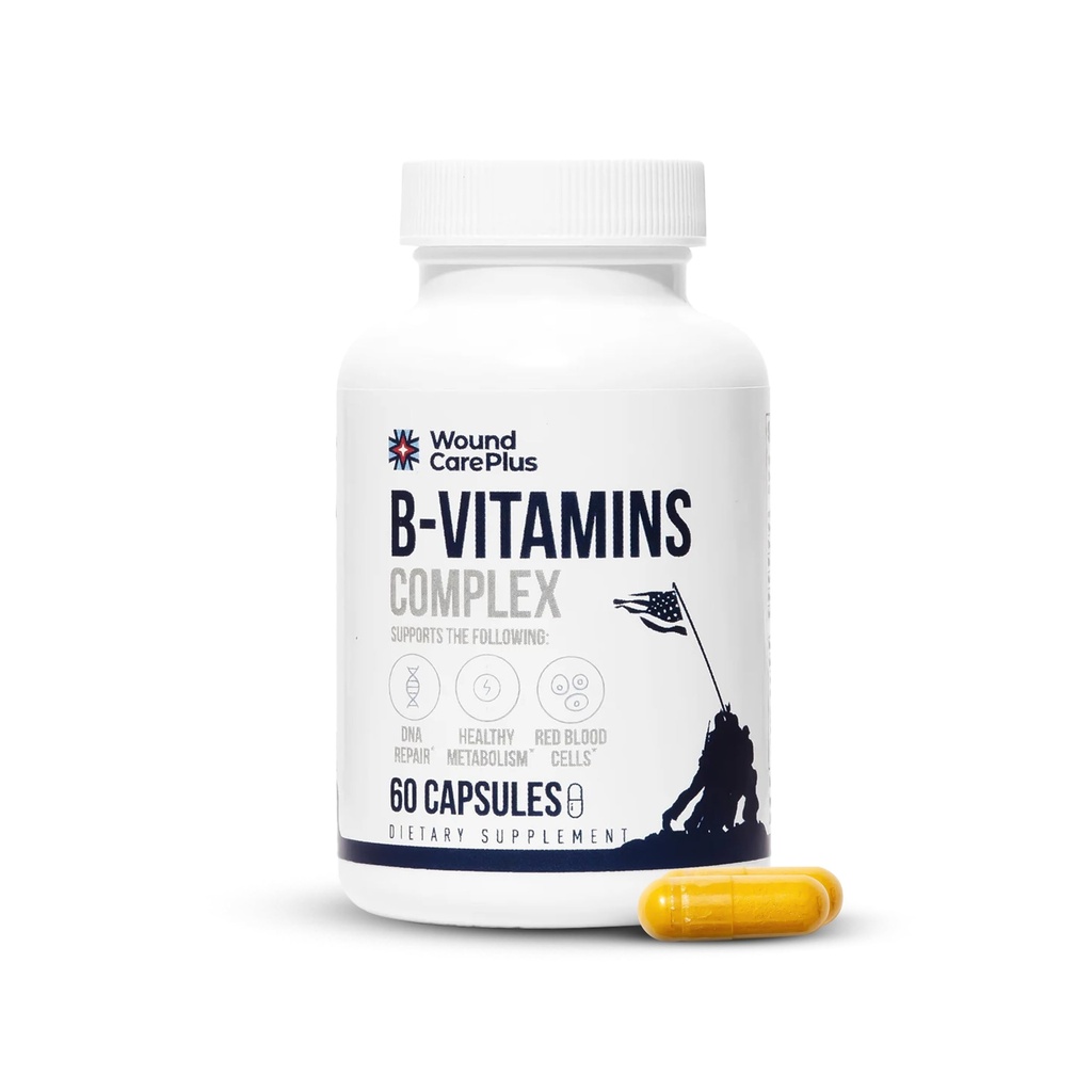 Wound Care Plus B Complex with B12 Vitamin Supplement with Thiamine, Riboflavin, Niacin & Biotin – Supports Cellular Energy, Immune Function – 60 Capsules – Non-GMO, Gluten-Free