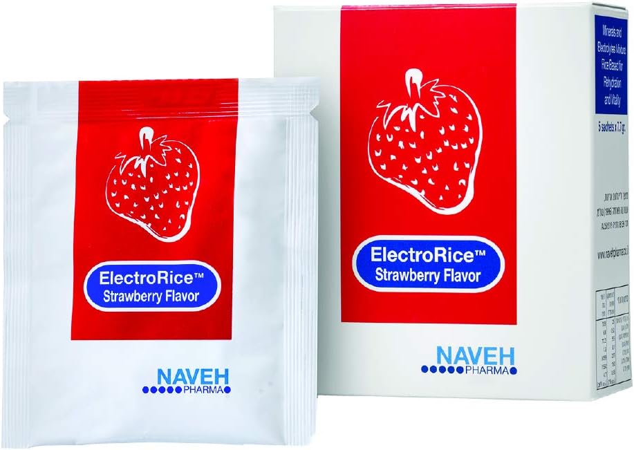 NAVEH PHARMA ElectroRice Anti- Dehydration Electrolyte Supplement Anvendelse under anfald af diarré og opkastning, Naturlig Rice- baseret oral forebyggelse af dehydrering Børn og voksne, 5 Strawberry Flavored
