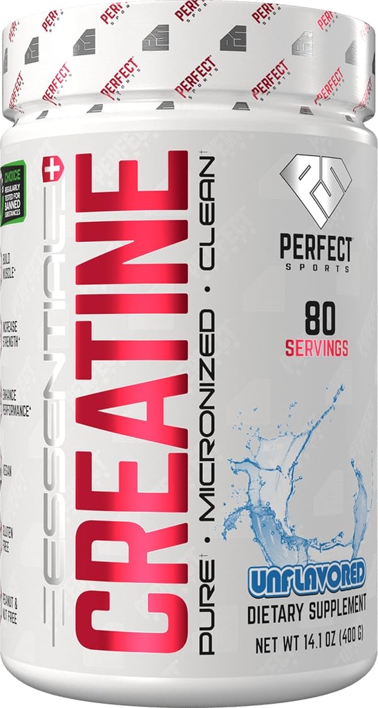 PERFECT SPORTS Essential Creatine | Pure, Micronized Creatine Monohydrate | Vegan Friendly, Gluten Free | Muscle Build & Performance | 80 Servings (Unflavored)