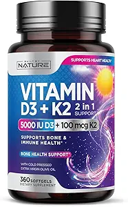 Built by Nature Vitamin D3 K2 with Cold Pressed Extra Virgin Olive Oil – 5000 IU Vitamin D, 100mcg Vitamin K MK-7 Supplement – Easy to Swallow Mini Soft Gels - 1 Year Supply - 360 Softgels
