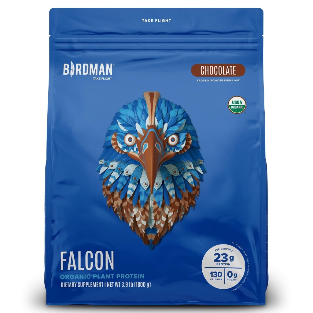 BIRDMAN Falcon Vegan Protein Powder Organic, Stevia & Sugar Free, Plant Based Protein, Low Carb, Dairy Free, Keto, Non Whey Protein, Probiotic, Pea Protein Medical 124; Chokolade Flavor - 60 Servering - 3.9lb