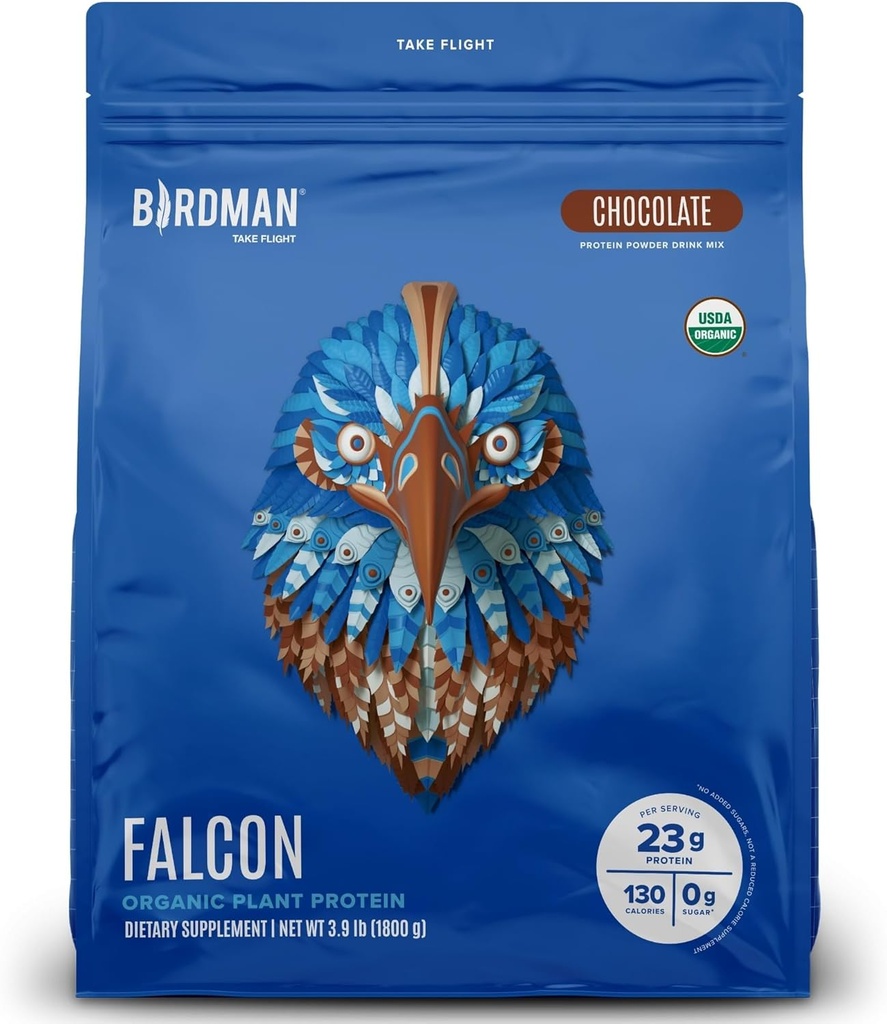 BIRDMAN Falcon Vegan Protein Powder Organic, Stevia & Sugar Free, Plant Based Protein, Low Carb, Dairy Free, Keto, Non Whey Protein, Probiotic, Pea Protein Medical 124; Chokolade Flavor - 60 Servering - 3.9lb
