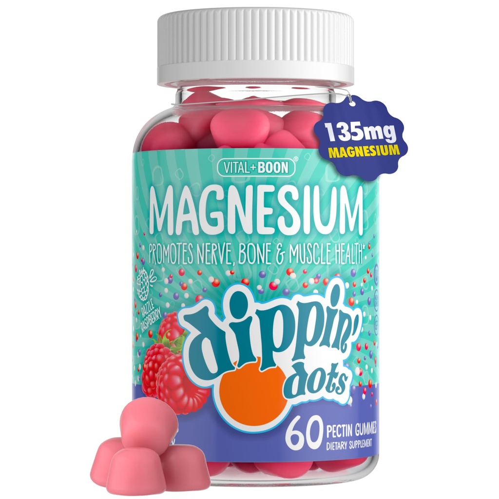Dippin' Dots Magnesium Gummies for Women, Men & Kids – Razzle Raspberry – Magnesium Citrate Gummies with No Artificial Colors or Flavors – Vegan Friendly Calm Nerve Bone & Muscle Supplement (60 Count)