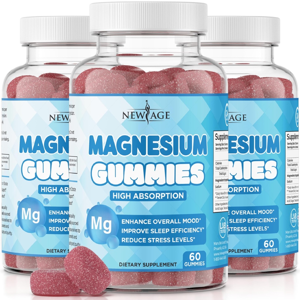 Magnesium Gummies - Calming Anti-Stress Gummies, Magnesium Supplement for Adults and Kids, Vegan, Gelatin-Free, Gluten-Free, Non-GMO, Delicious Natural Raspberry Flavor- 180 Count - by New Age